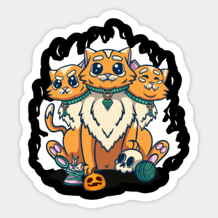 Cute Creepy 3 Headed Cat Skull Halloween Pumpkin Sticker